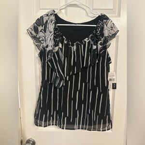 Sara Michelle Black White Chiffon Ruffle Blouse NWT Size Medium Career Top